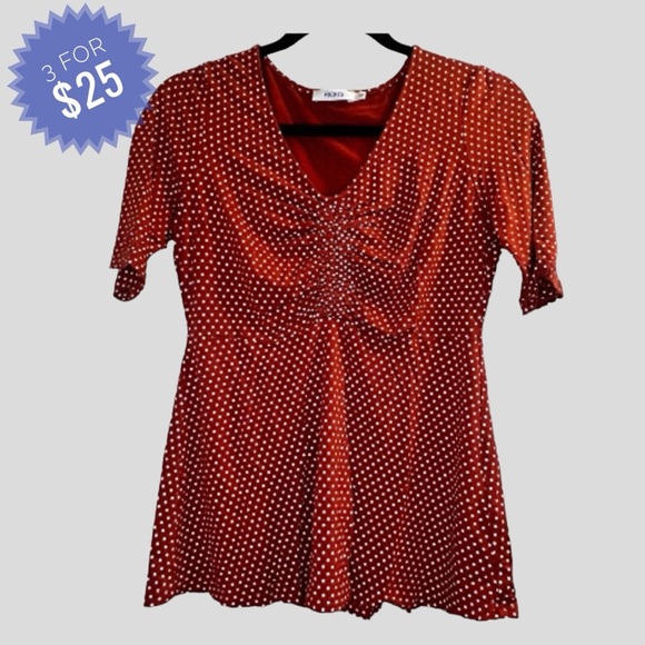 Sale RICKI'S Women's Blouse Size S Orange White Polka Dots 3/4 Length Sleeves - Picture 1 of 11